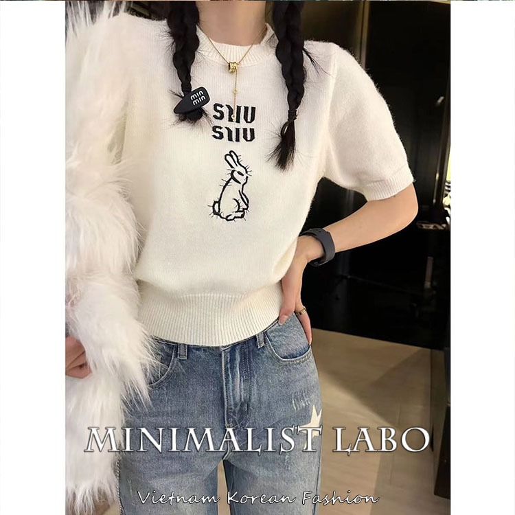 Minimalist Labo Áo Thun Tay Ngắn Cổ Tròn In Hình Thỏ Đơn Giản Dành Cho Nữ