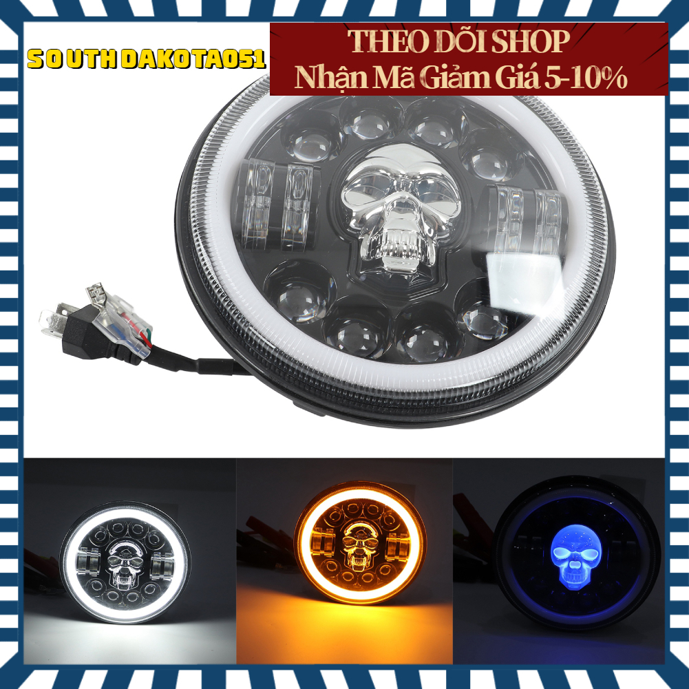 Đèn pha LED xe máy 7in Angel Eye Headlight Mẫu đầu lâu Ánh sáng trắng Chống thấm nước【Southdakota051】