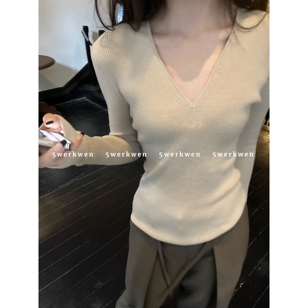 Áo sweater Dệt Kim Tay Dài Dáng Ôm Cổ Chữ v Thời Trang Mùa Thu Cho Nữ