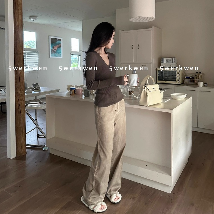 Áo sweater Dệt Kim Tay Dài Dáng Ôm Cổ Chữ v Thời Trang Mùa Thu Cho Nữ