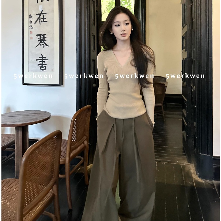 Áo sweater Dệt Kim Tay Dài Dáng Ôm Cổ Chữ v Thời Trang Mùa Thu Cho Nữ