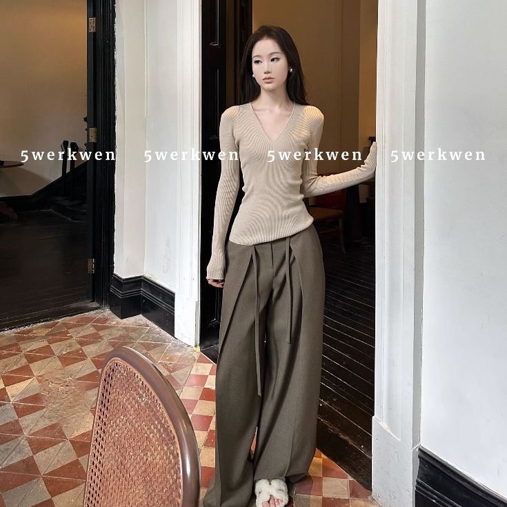 Áo sweater Dệt Kim Tay Dài Dáng Ôm Cổ Chữ v Thời Trang Mùa Thu Cho Nữ