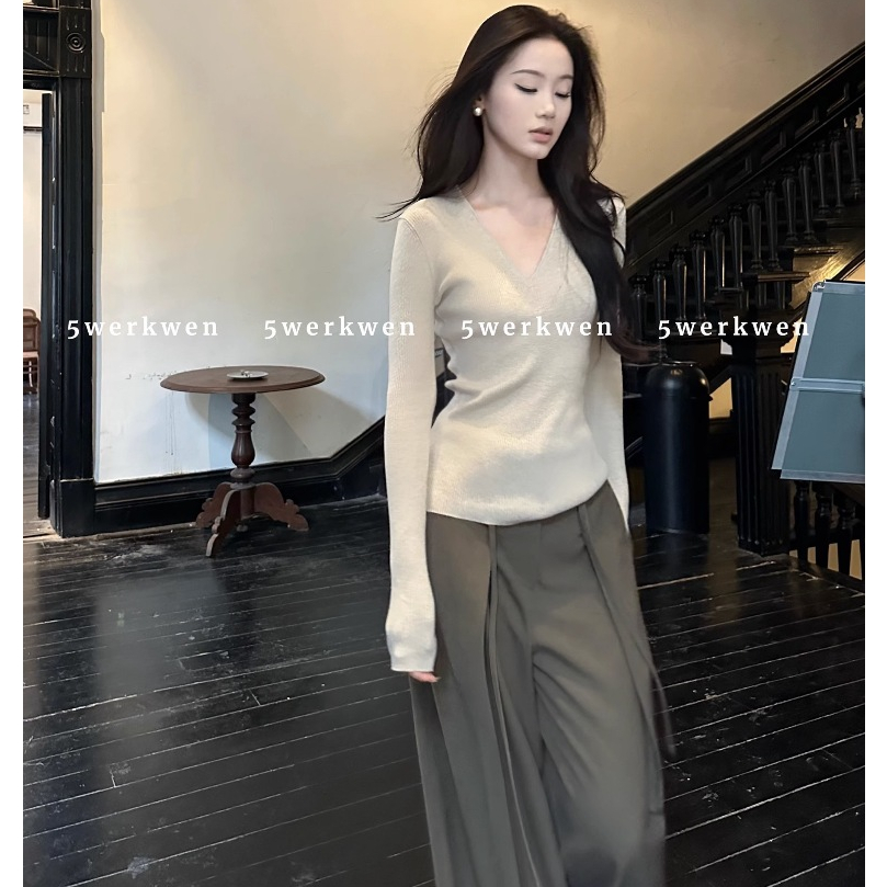 Áo sweater Dệt Kim Tay Dài Dáng Ôm Cổ Chữ v Thời Trang Mùa Thu Cho Nữ