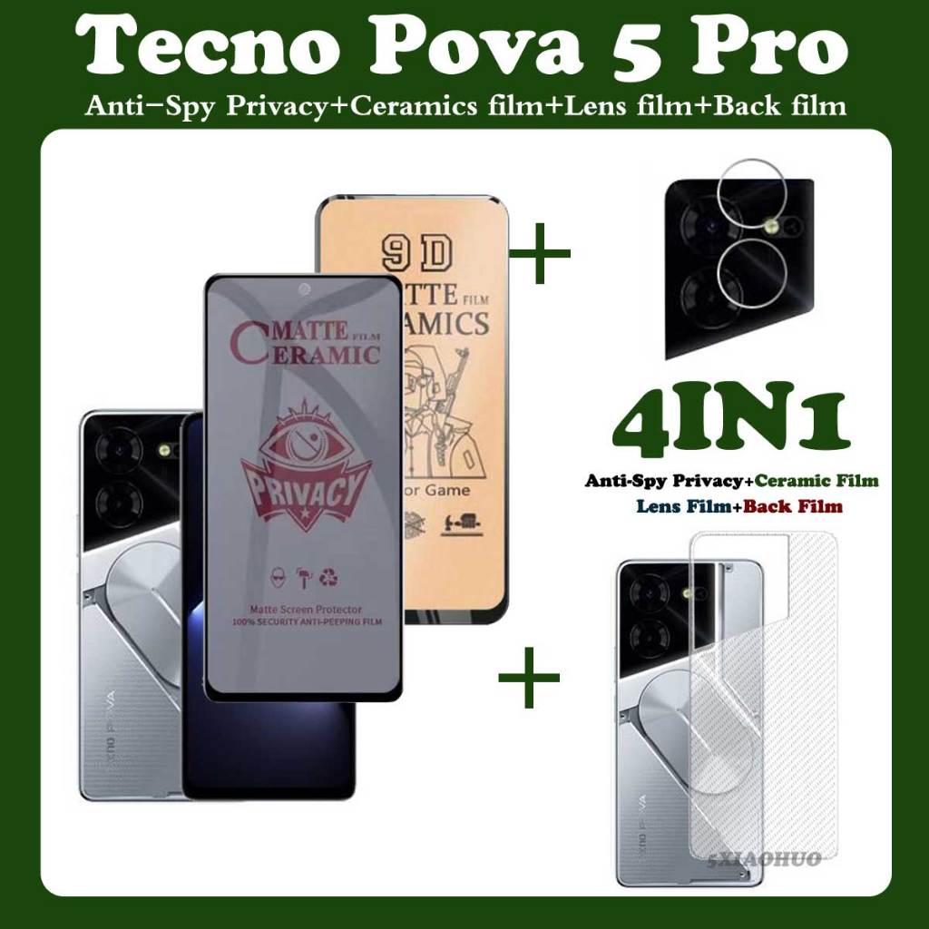 4in1 Tecno Pova 5 Pro Kính cường lực bảo mật chống gián điệp Tecno Pova 5 Phim gốm và phim mặt sau Tecno Pova 5 Pro Bảo vệ màn hình