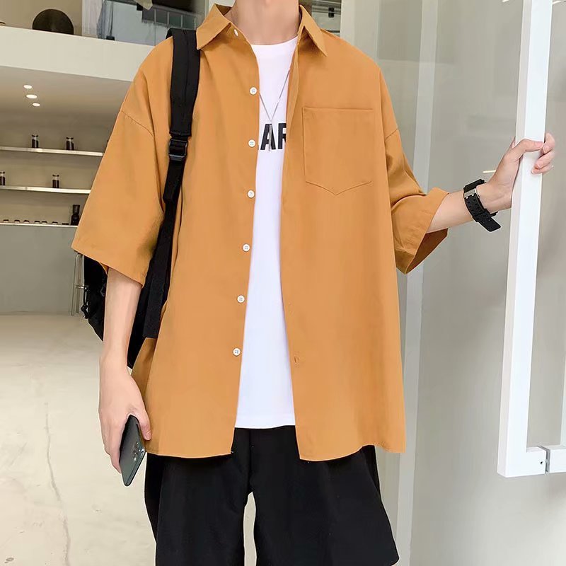♞Aff LIGA♞ Áo Cách Hàn Quốc Sơ Mi Trơn Tay Ngắn Cổ Bẻ Dáng Rộng Cài Khuy Đơn Giản Thời Trang Mùa Hè 2023 Cho Nam