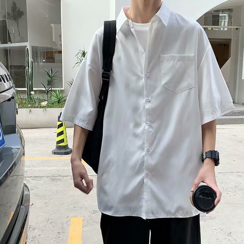 ♞Aff LIGA♞ Áo Cách Hàn Quốc Sơ Mi Trơn Tay Ngắn Cổ Bẻ Dáng Rộng Cài Khuy Đơn Giản Thời Trang Mùa Hè 2023 Cho Nam