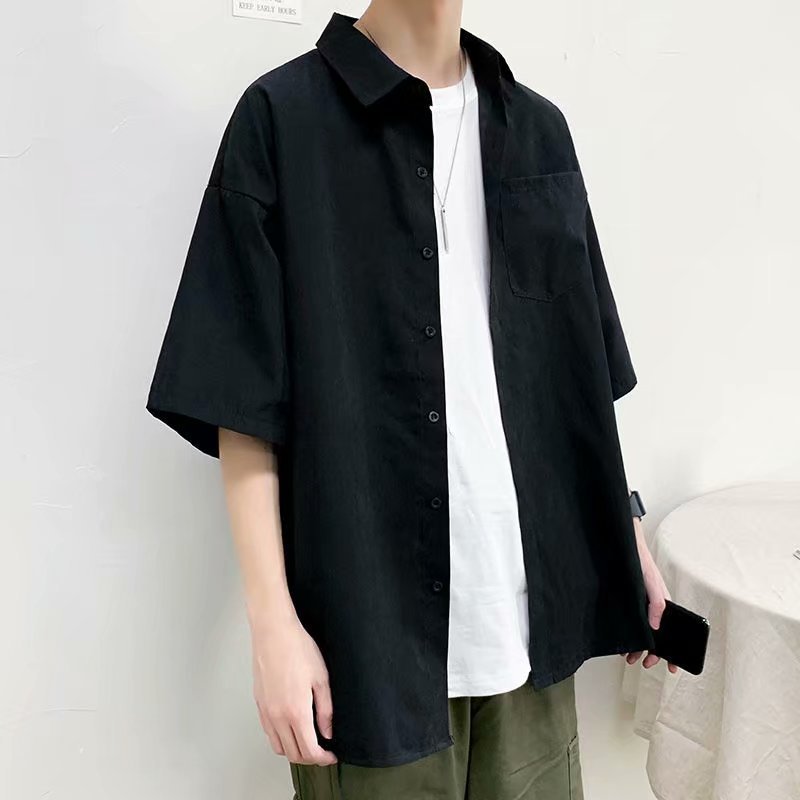 ♞Aff LIGA♞ Áo Cách Hàn Quốc Sơ Mi Trơn Tay Ngắn Cổ Bẻ Dáng Rộng Cài Khuy Đơn Giản Thời Trang Mùa Hè 2023 Cho Nam