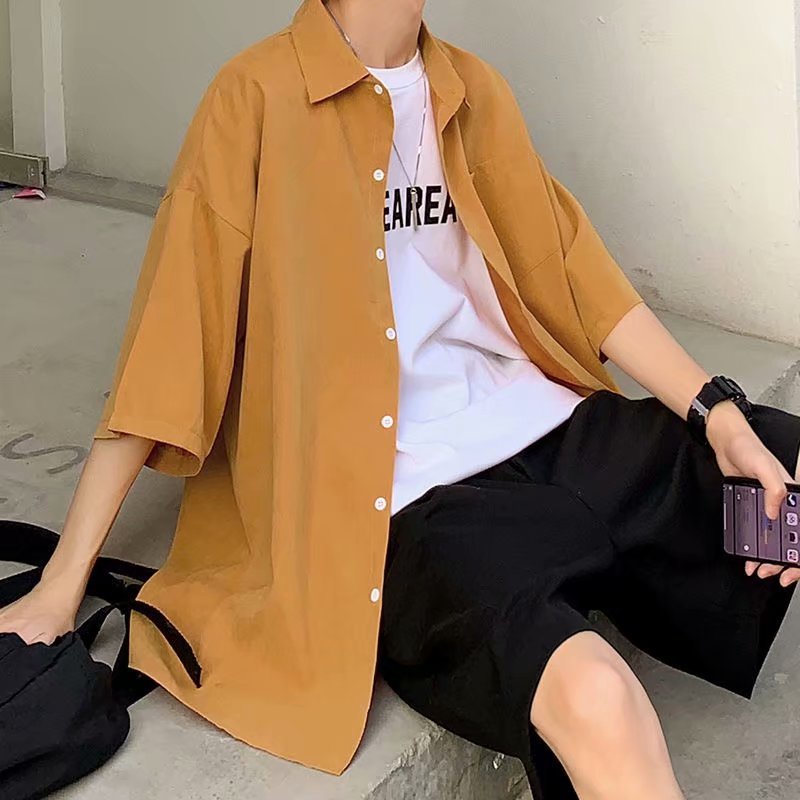 ♞Aff LIGA♞ Áo Cách Hàn Quốc Sơ Mi Trơn Tay Ngắn Cổ Bẻ Dáng Rộng Cài Khuy Đơn Giản Thời Trang Mùa Hè 2023 Cho Nam