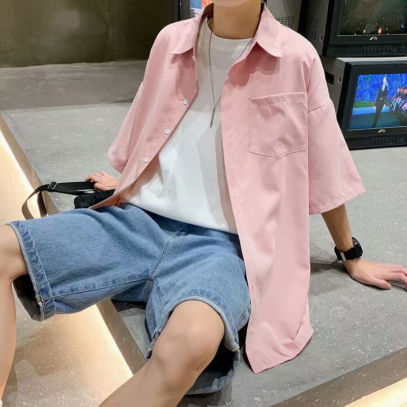 ♞Aff LIGA♞ Áo Cách Hàn Quốc Sơ Mi Trơn Tay Ngắn Cổ Bẻ Dáng Rộng Cài Khuy Đơn Giản Thời Trang Mùa Hè 2023 Cho Nam
