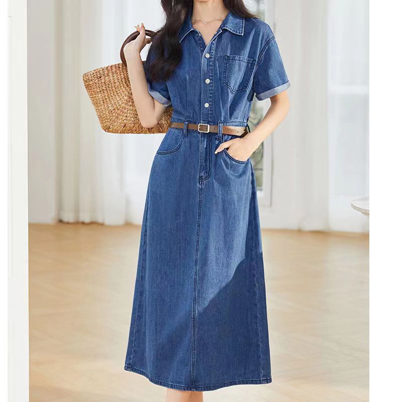 Đầm Denim Mùa Hè Cỡ Lớn Eo Hẹp Phong Cách Cổ Điển Kiểu Mới Cho Nữ