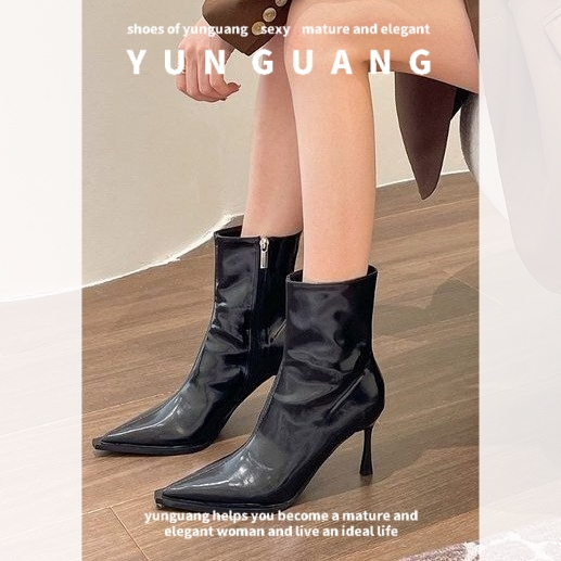 Yunguang Giày Bốt Cao Gót Mũi Nhọn Bằng Da Bóng Phong Cách Âu Mỹ Cổ Điển Thời Trang Cho Nữ