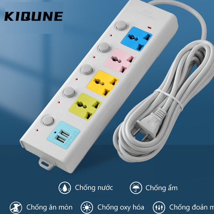 KIQUNE Ổ cắm điện đa năng 7 Cổng Sạc USB 2 Cáp USB 3 Và 5M Dây Cáp Dày Chất Lượng Cao 100% Chính Hãng 2023 New CA238332