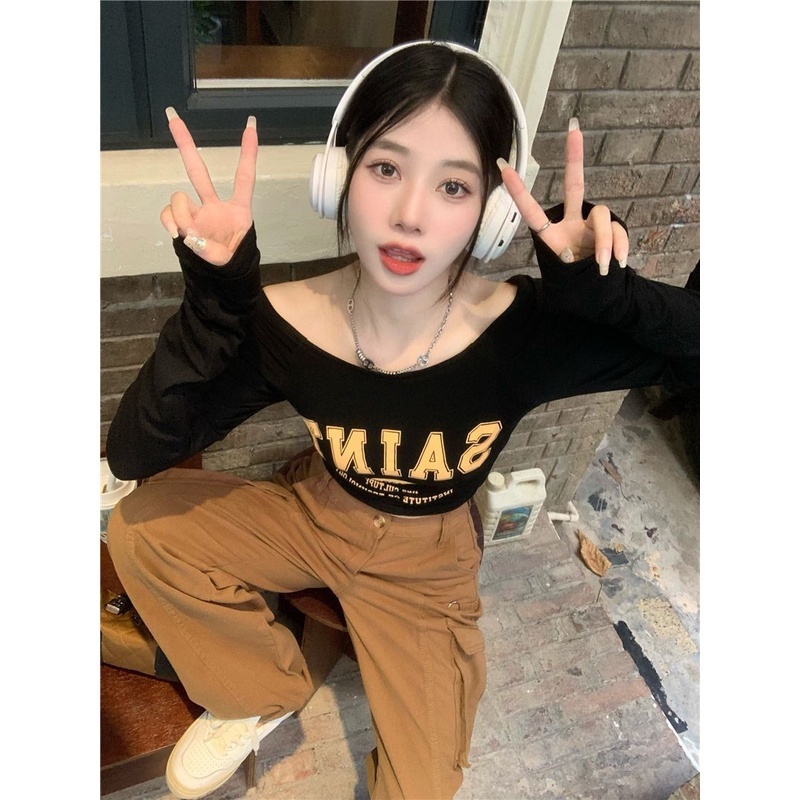 Áo croptop Áo Thun nữ baby tee Thiết kế ít eo slim hottie Tay Dài Trễ Vai Dáng