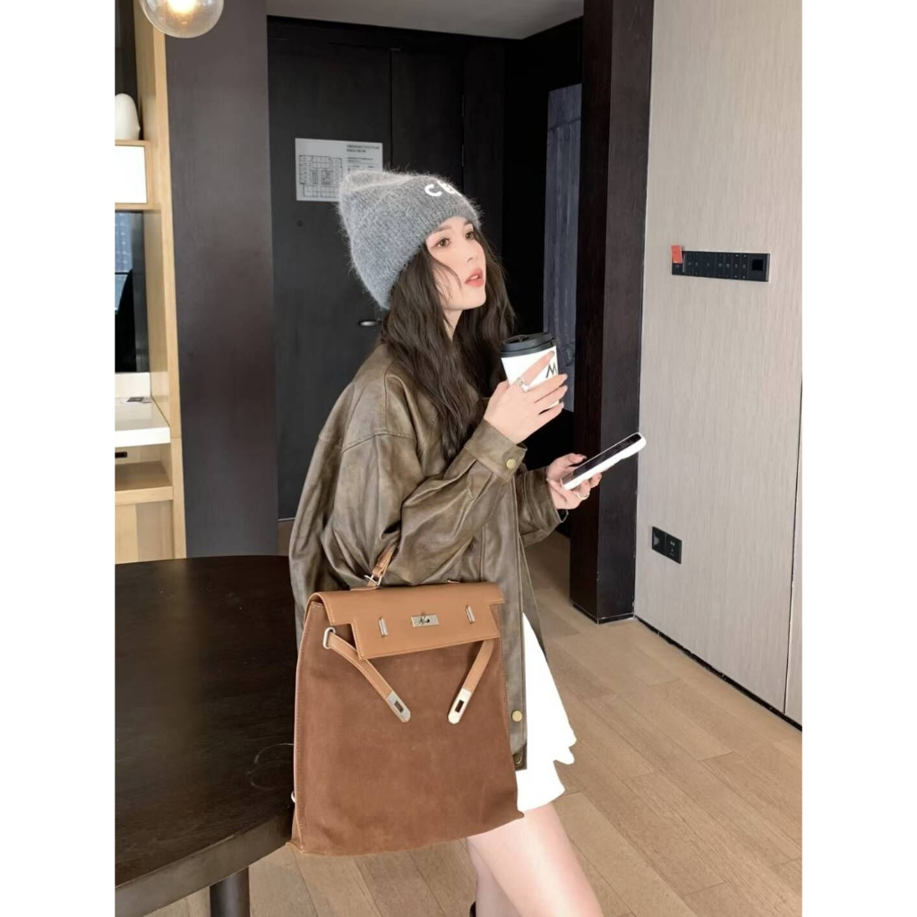 SHI CHEN Balo Da Lộn Cỡ Lớn Màu Trơn Phong Cách retro Thời Trang Thu Đông