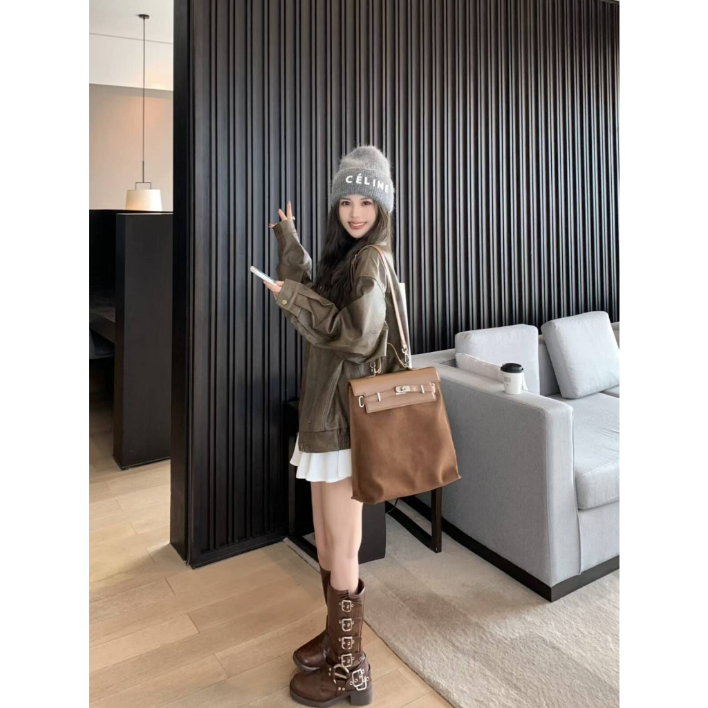 SHI CHEN Balo Da Lộn Cỡ Lớn Màu Trơn Phong Cách retro Thời Trang Thu Đông