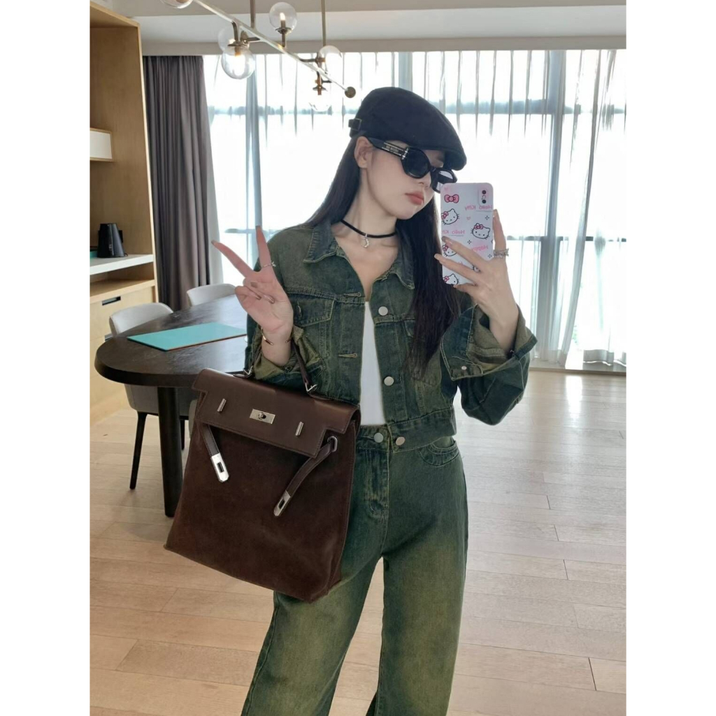 SHI CHEN Balo Da Lộn Cỡ Lớn Màu Trơn Phong Cách retro Thời Trang Thu Đông