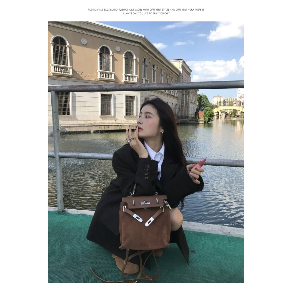 SHI CHEN Balo Da Lộn Cỡ Lớn Màu Trơn Phong Cách retro Thời Trang Thu Đông