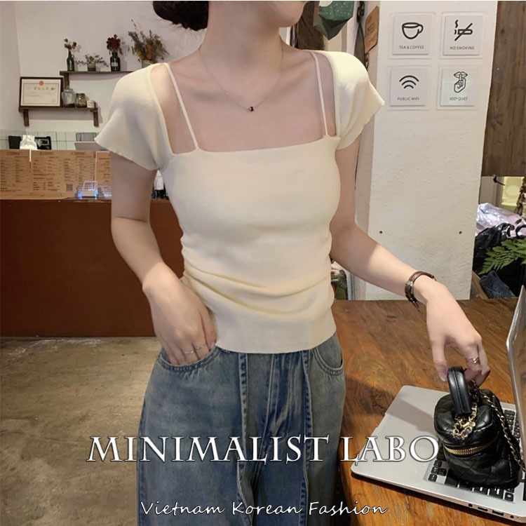 Minimalist Labo Áo Len Tay Ngắn Cổ Vuông Xếp Ly Phong Cách Hàn Quốc Thời Trang Cho Nữ