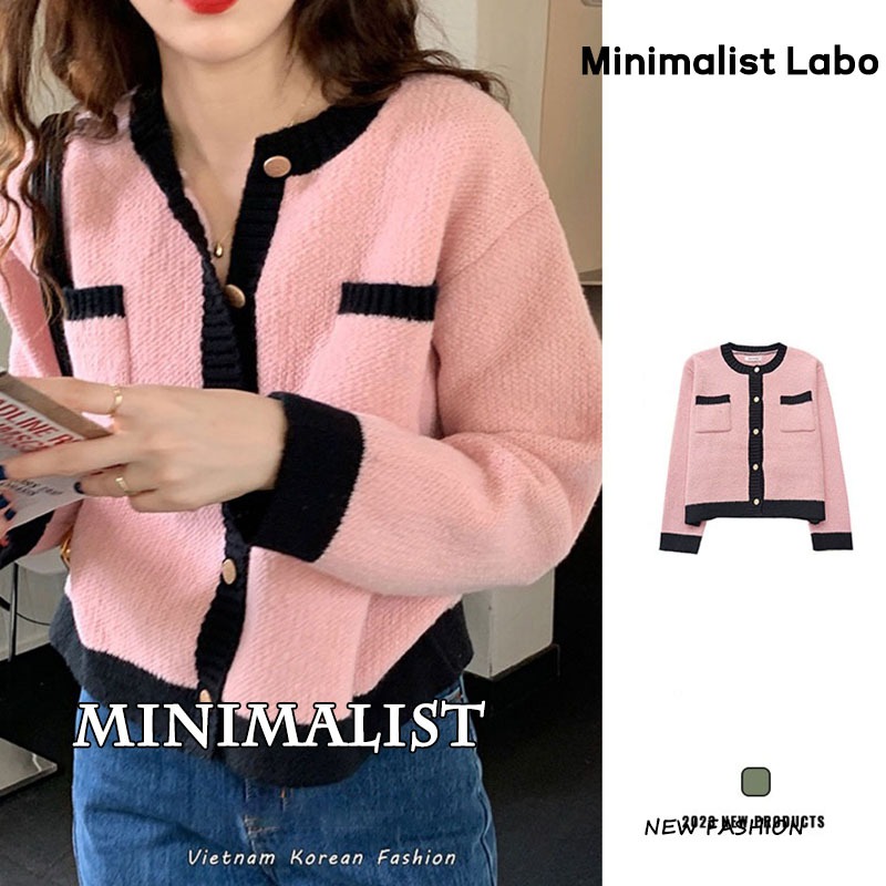Minimalist Labo Áo croptop tay dài cổ tròn phong cách Hàn Quốc thời trang mùa thu cho nữ