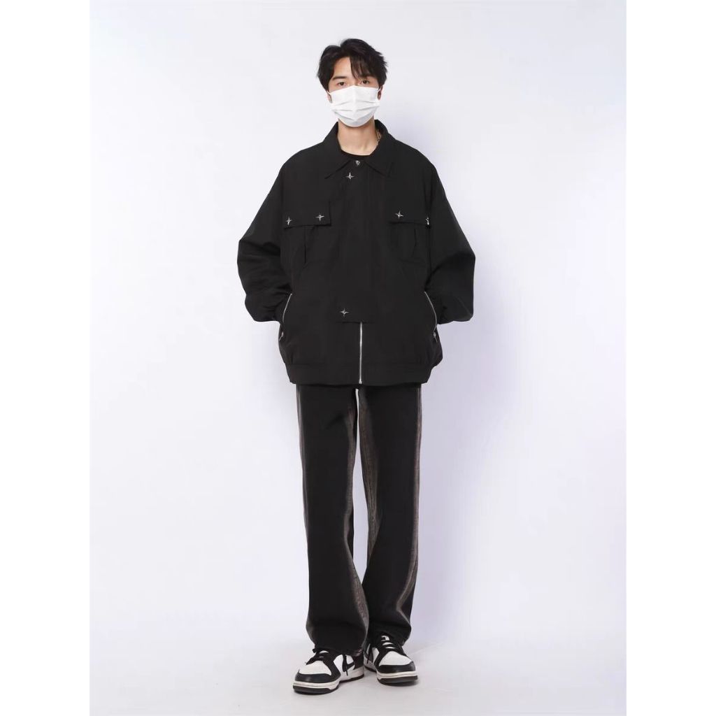 Eershenshi Áo Khoác Màu Trơn Phối Khóa Kéo Phong Cách harajuku Cho Nam