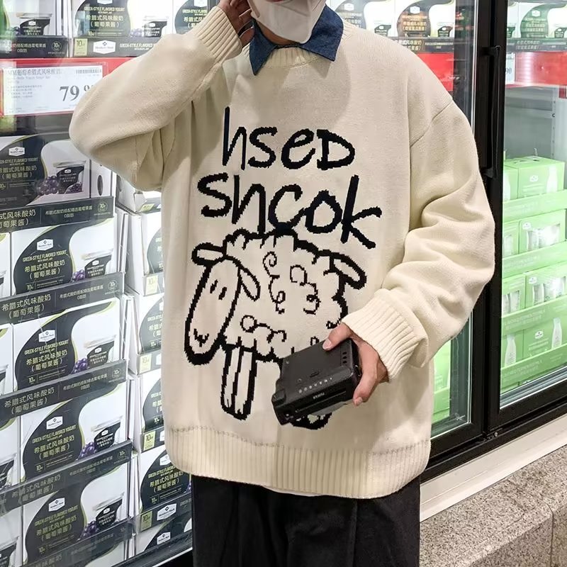 Áo sweater Dệt Kim Tay Dài Dáng Rộng In Hoạt Hình Chú Cừu Dễ Thương Thoải Mái Thời Trang Mùa Đông Cho Nam