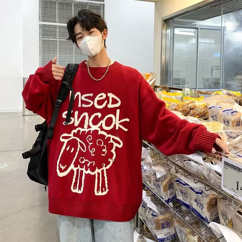 Áo sweater Dệt Kim Tay Dài Dáng Rộng In Hoạt Hình Chú Cừu Dễ Thương Thoải Mái Thời Trang Mùa Đông Cho Nam