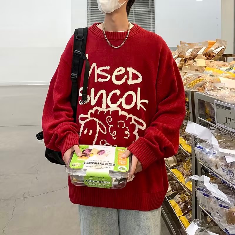 Áo sweater Dệt Kim Tay Dài Dáng Rộng In Hoạt Hình Chú Cừu Dễ Thương Thoải Mái Thời Trang Mùa Đông Cho Nam