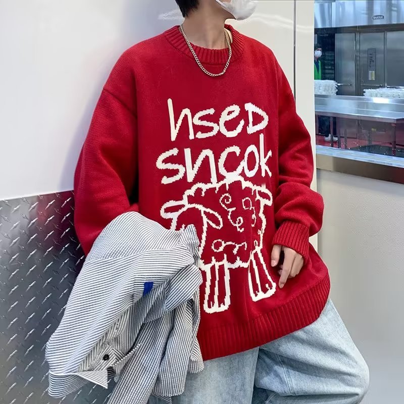 Áo sweater Dệt Kim Tay Dài Dáng Rộng In Hoạt Hình Chú Cừu Dễ Thương Thoải Mái Thời Trang Mùa Đông Cho Nam