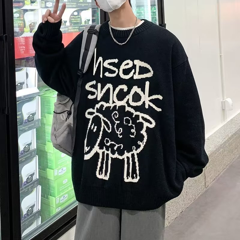 Áo sweater Dệt Kim Tay Dài Dáng Rộng In Hoạt Hình Chú Cừu Dễ Thương Thoải Mái Thời Trang Mùa Đông Cho Nam