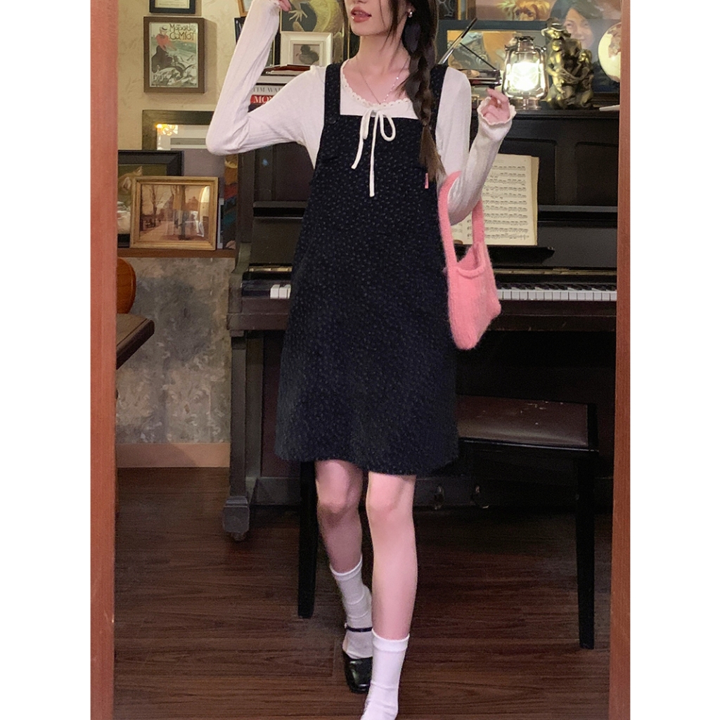 「MOTEL7」Set Áo Thun Tay Dài Phối Ren + Chân Váy Yếm Hoa Thời Trang Nữ Tính