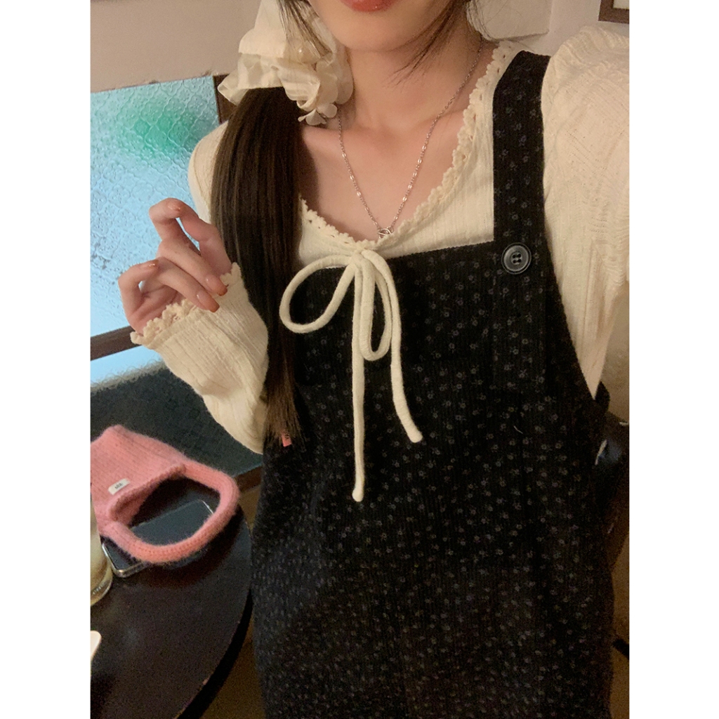 「MOTEL7」Set Áo Thun Tay Dài Phối Ren + Chân Váy Yếm Hoa Thời Trang Nữ Tính