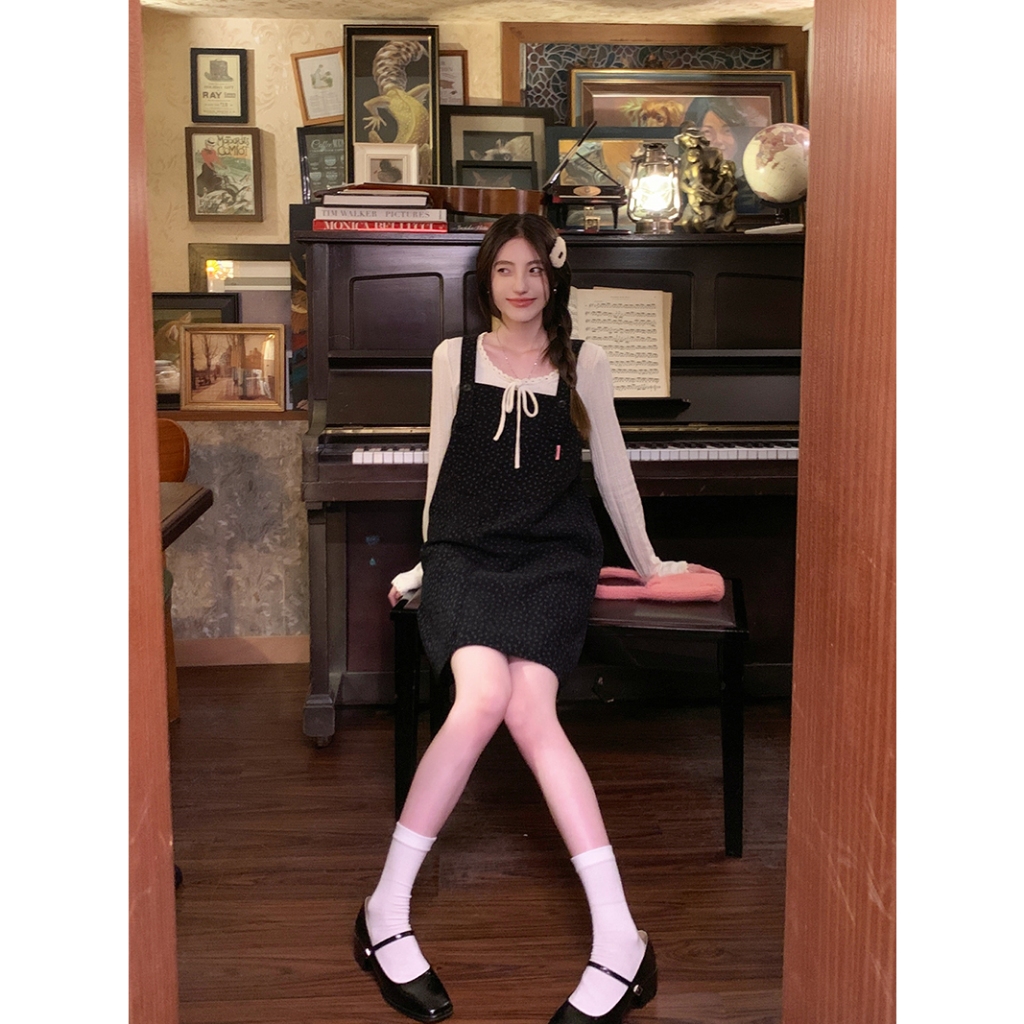 「MOTEL7」Set Áo Thun Tay Dài Phối Ren + Chân Váy Yếm Hoa Thời Trang Nữ Tính