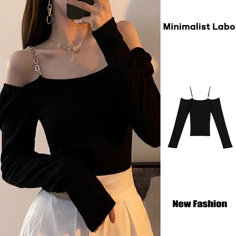 Minimalist Labo Áo kiểu hai dây dệt kim tay dài hở vai thời trang quyến rũ
