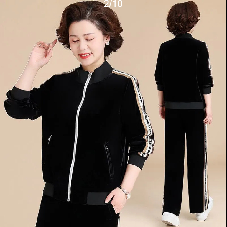 Áo Khoác Thể Thao Hai Mảnh Bằng Vải Nhung Màu Vàng Thời Trang Kiểu Mới Phù Hợp Với Mùa Xuân Và Mùa Thu Dành Cho Mẹ Trung Niên