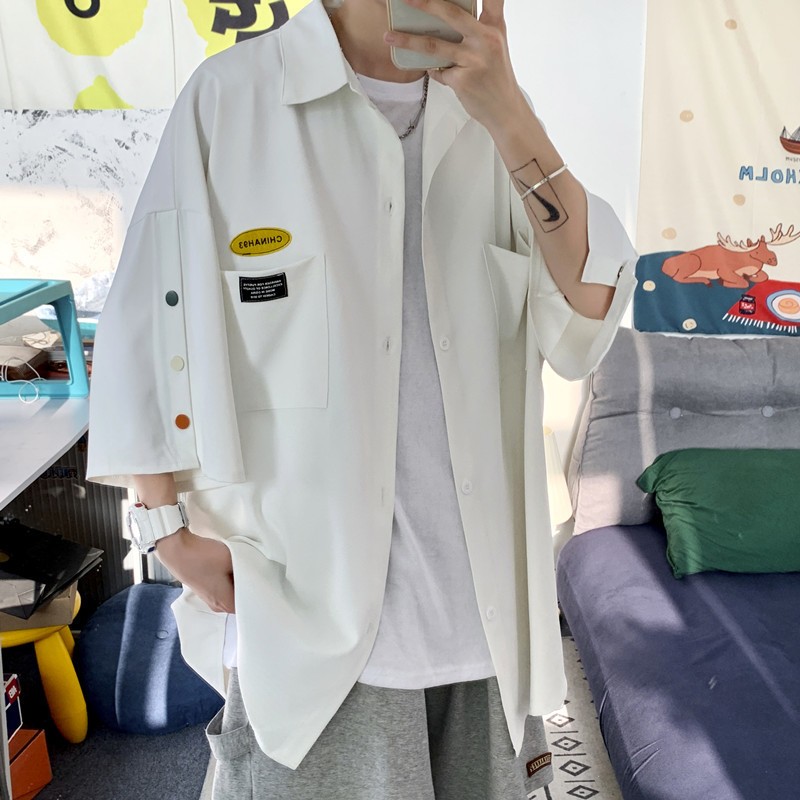 Áo Sơ Mi Tay Ngắn Dáng Rộng Mỏng Màu Trơn Phong Cách Nhật Bản Thời Trang Mùa Hè Cho Nam