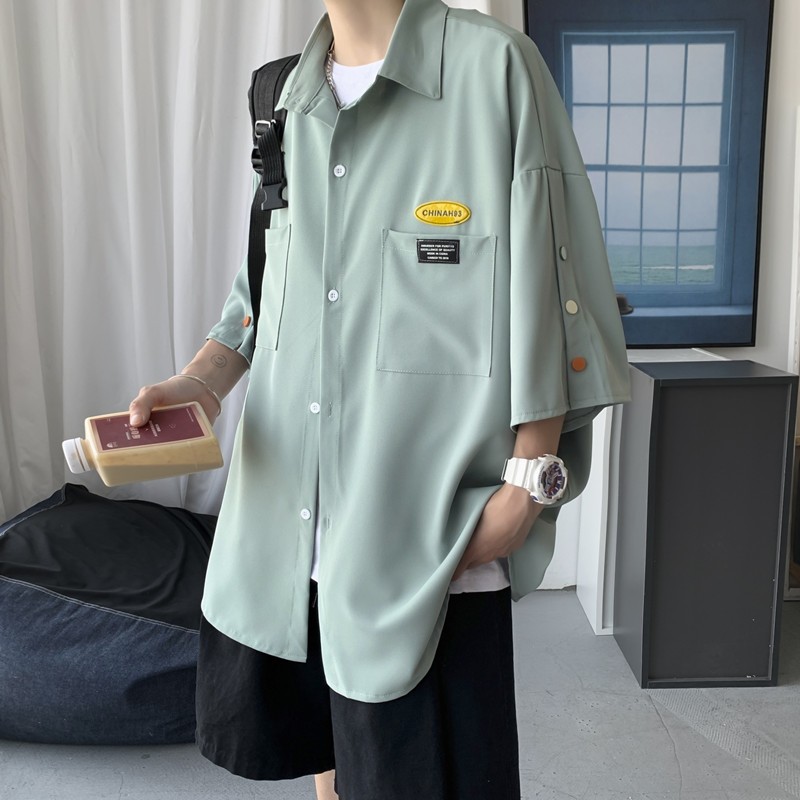Áo Sơ Mi Tay Ngắn Dáng Rộng Mỏng Màu Trơn Phong Cách Nhật Bản Thời Trang Mùa Hè Cho Nam