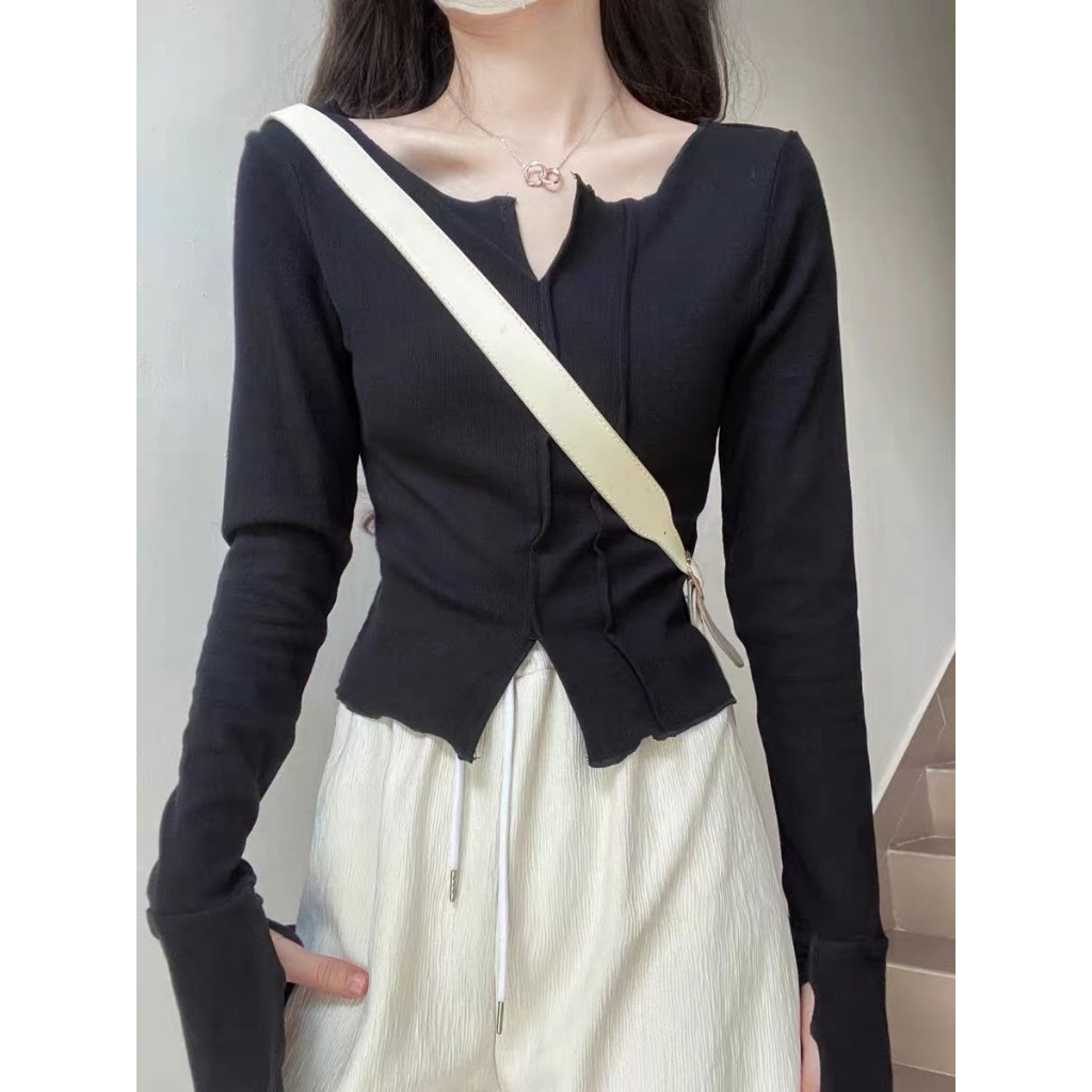 Áo Thun Croptop Tay Dài Cổ Chữ v Thời Trang Thu Đông Cho Nữ