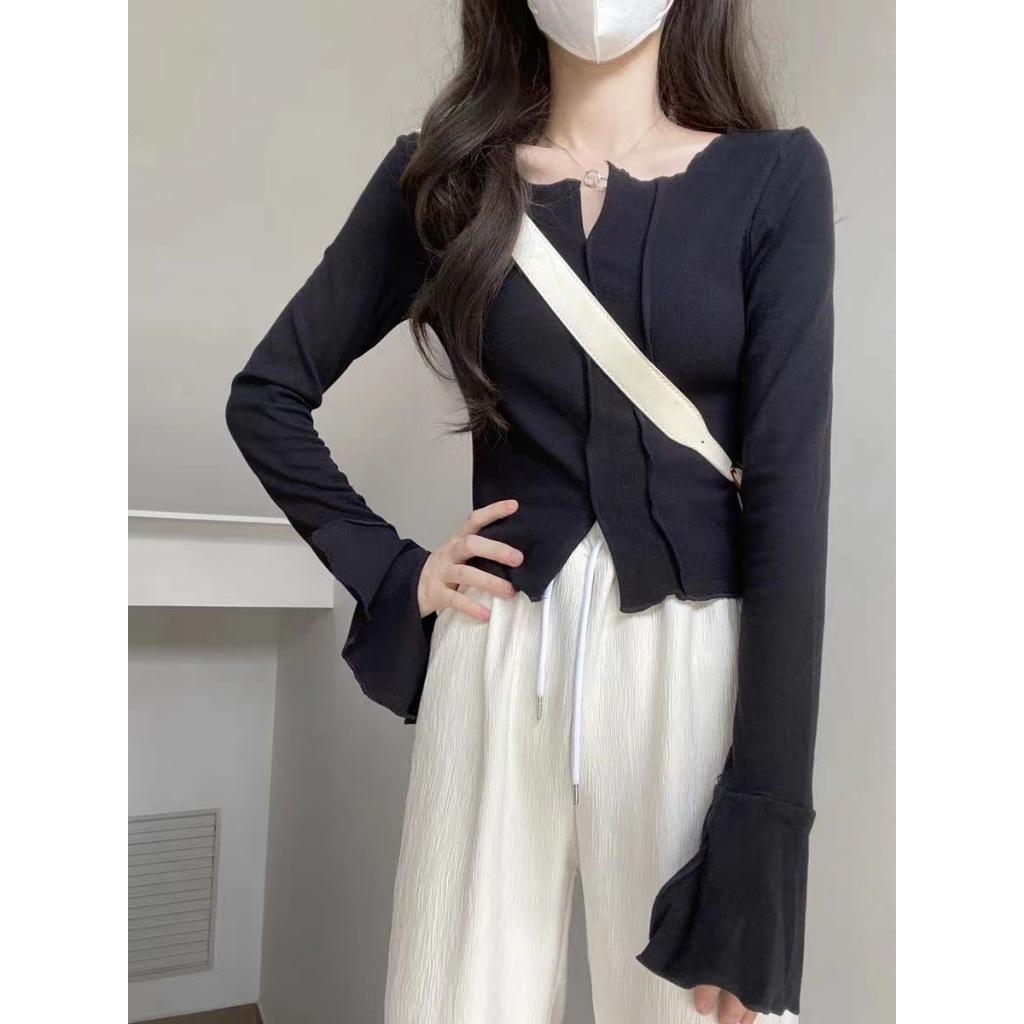 Áo Thun Croptop Tay Dài Cổ Chữ v Thời Trang Thu Đông Cho Nữ
