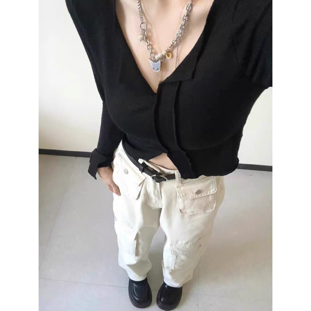 Áo Thun Croptop Tay Dài Cổ Chữ v Thời Trang Thu Đông Cho Nữ