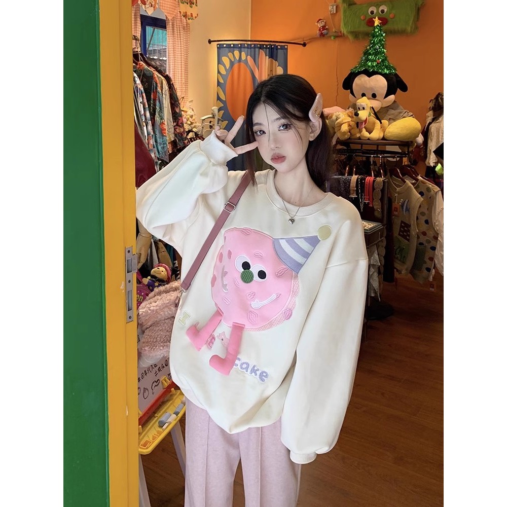 RDGF Áo Sweater Tay Dài Cổ Tròn In Họa Tiết Dễ Thương Phong Cách Hàn Quốc Thời Trang Thu Đông