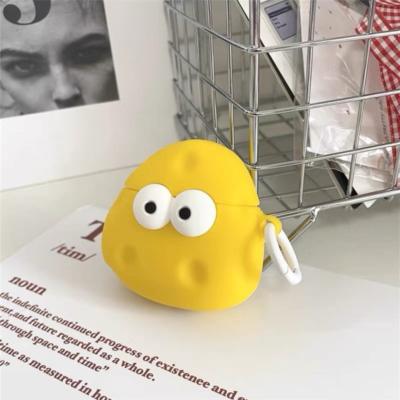 Vỏ Bảo Vệ Hộp Sạc Tai Nghe airpods 1 2 3 pro Bằng Silicon Hình Phô Mai Mắt To Màu Vàng Dễ Thương Chống Rơi Ốp