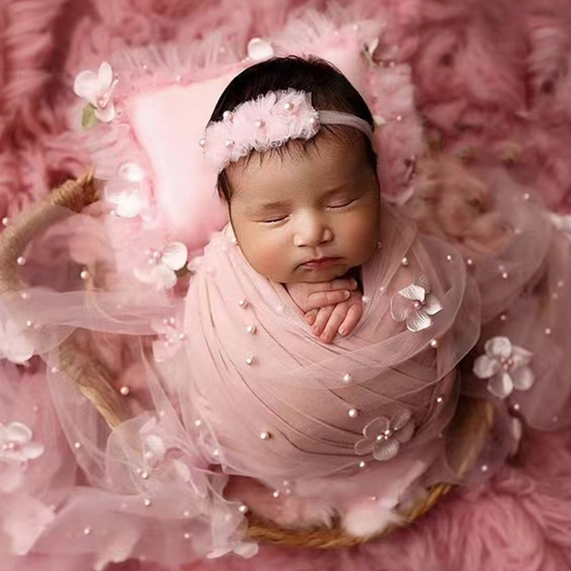 Set 2 Tấm Chăn chiffon Quấn Bé Sơ Sinh Kèm Băng Đô Cài Tóc Xinh Xắn