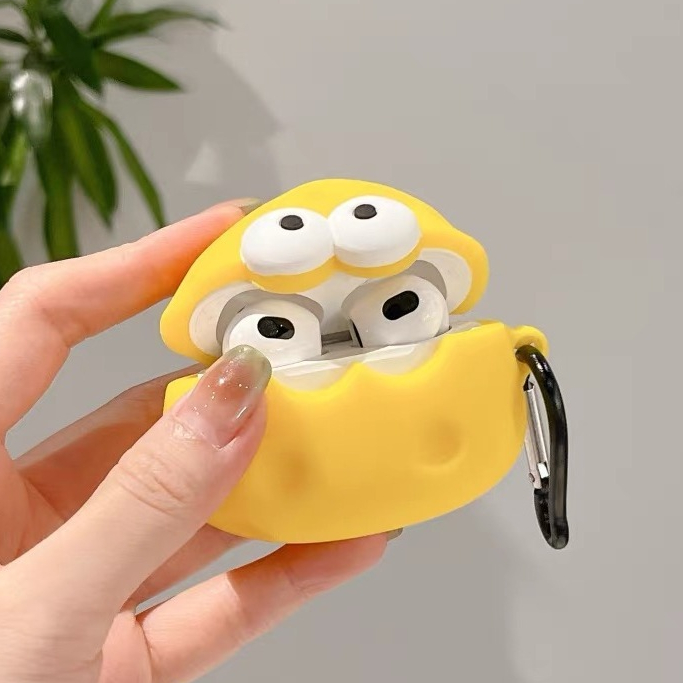 Vỏ Bảo Vệ Hộp Sạc Tai Nghe airpods 1 2 3 pro Bằng Silicon Hình Phô Mai Mắt To Màu Vàng Dễ Thương Chống Rơi Ốp
