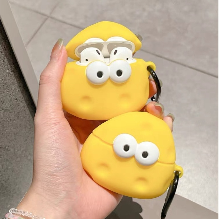 Vỏ Bảo Vệ Hộp Sạc Tai Nghe airpods 1 2 3 pro Bằng Silicon Hình Phô Mai Mắt To Màu Vàng Dễ Thương Chống Rơi Ốp