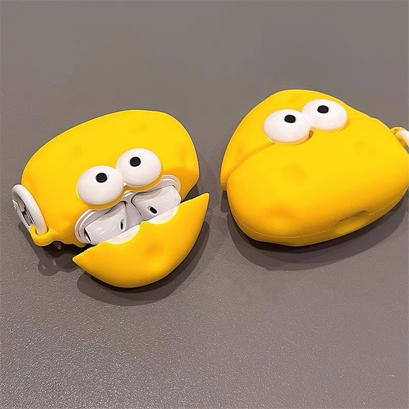 Vỏ Bảo Vệ Hộp Sạc Tai Nghe airpods 1 2 3 pro Bằng Silicon Hình Phô Mai Mắt To Màu Vàng Dễ Thương Chống Rơi Ốp
