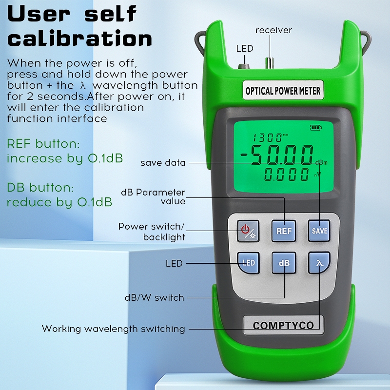 COMPTYCO Green AUA-G510A Máy đo công suất quang -50+~26dbm Máy kiểm tra sợi quang OPM 3 trong 1 Giao diện SC/FC/ST