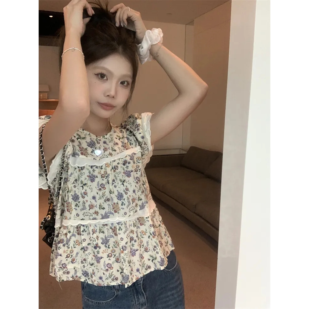 Áo Sơ Mi Tay Ngắn Họa Tiết Hoa Phong Cách Pháp Cổ Điển Thời Trang Mùa Hè Hàng Mới Dành Cho Bạn Nữ