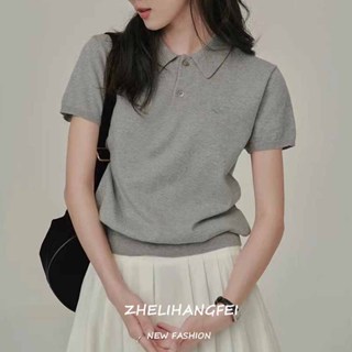 ZHELIHANGFEI Áo polo Dệt Kim Tay Ngắn Kiểu Vintage Thiết Kế Đơn Giản Cho Nữ