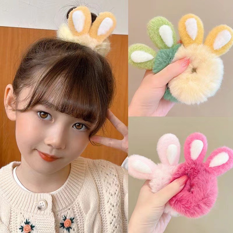✨✨Dây Cột Tóc Cao Su Hình Tai Thỏ Phối Lông Dễ Thương Thời Trang Thu Đông Cho Bé