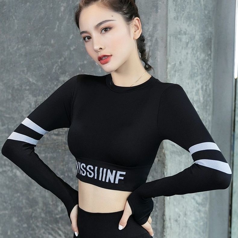 Flyblue Bộ Áo Croptop Dài Tay + Quần Legging Lưng Cao Co Giãn Tốt Thích Hợp Tập yoga / Chạy Bộ / Thể Thao Cho Nữ